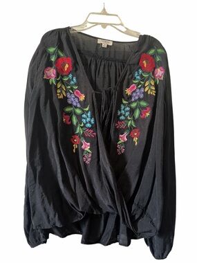 Umgee Mexicali black and floral embroidered wrap blouse